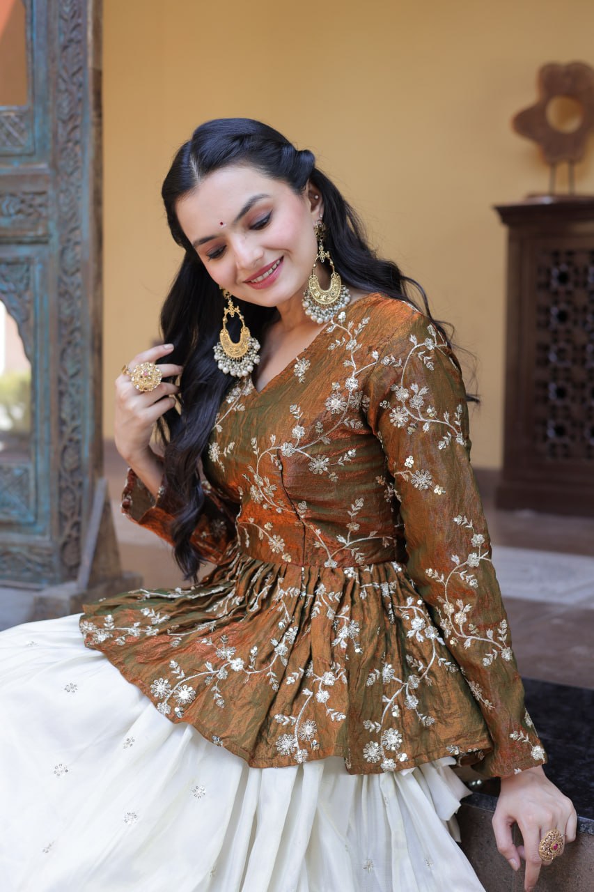 Lorenvalley Fashion Offwhite Cosmos Fabrics with Sequins & Zari Embroidered With Mirror Lace Work Lehenga Choli - Dista