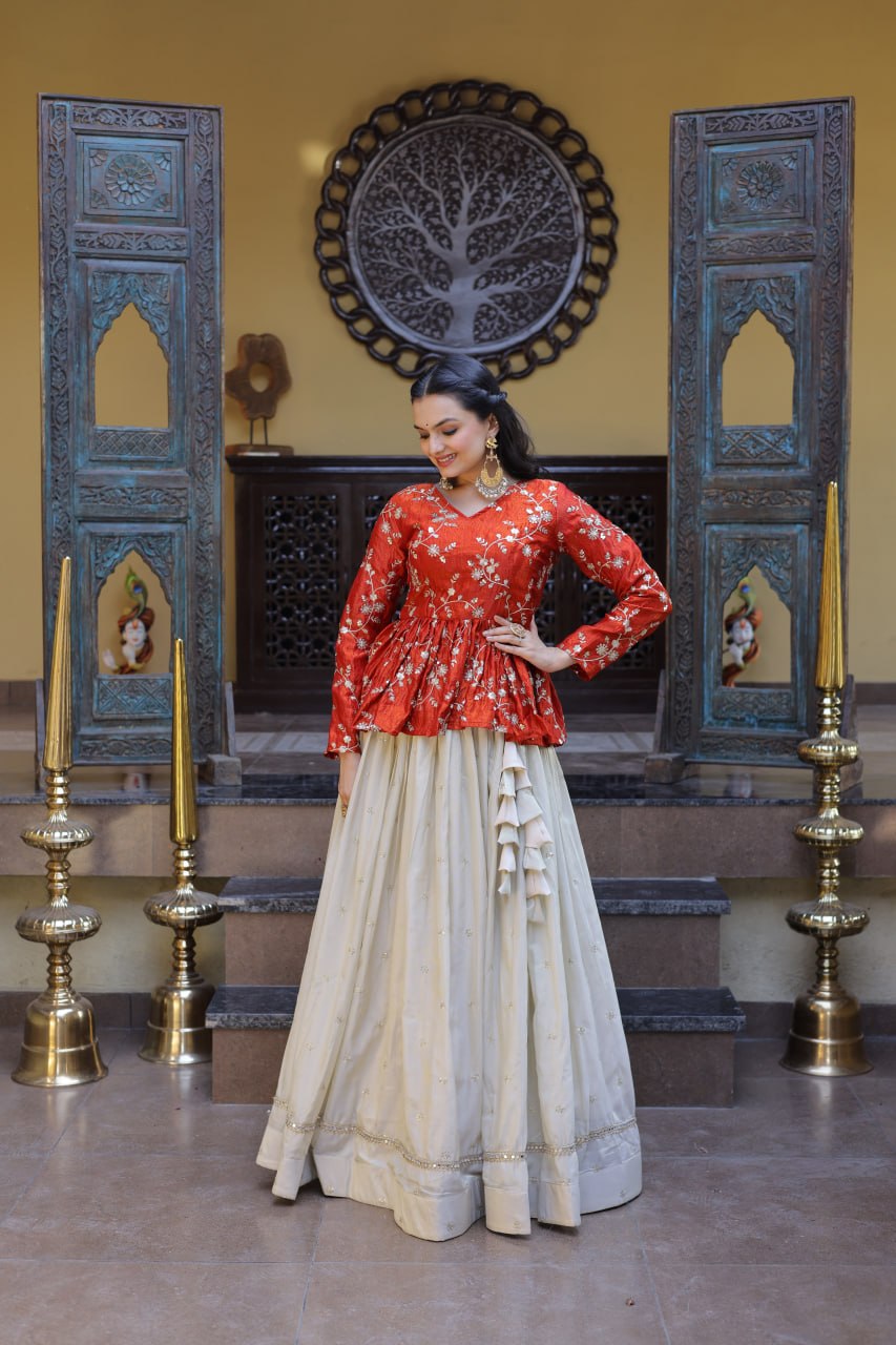 Lorenvalley Fashion Offwhite Cosmos Fabrics with Sequins & Zari Embroidered With Mirror Lace Work Lehenga Choli - Dista