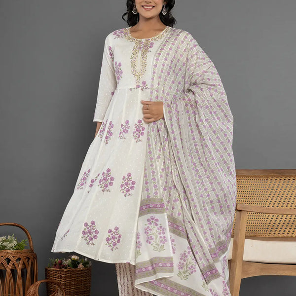 Yufta Purple & White Gota_Patti Cotton Anarkali Kurta Dupatta Pant Set - Distacart