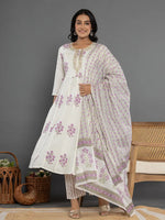 Thumbnail for Yufta Purple & White Gota_Patti Cotton Anarkali Kurta Dupatta Pant Set