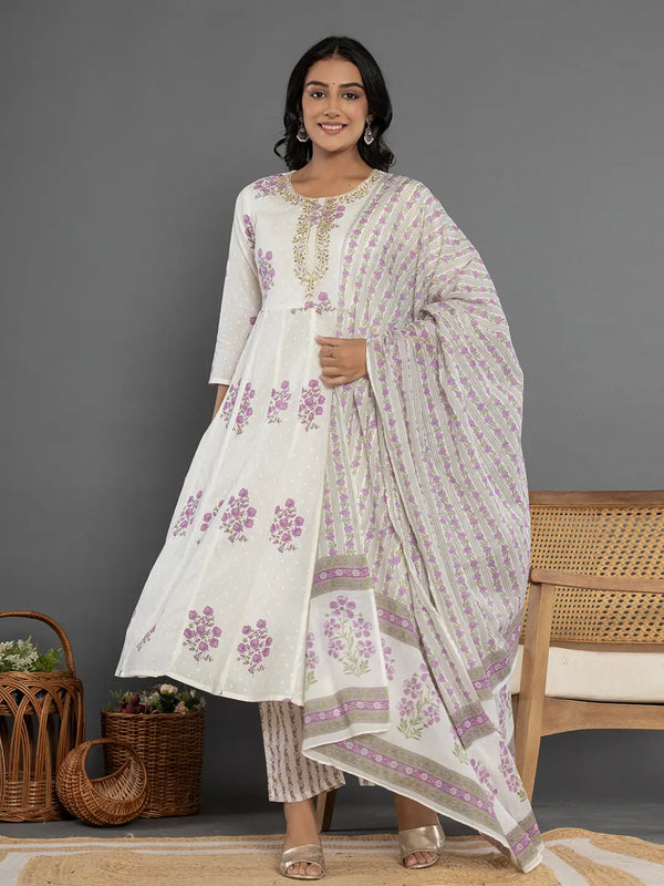 Yufta Purple & White Gota_Patti Cotton Anarkali Kurta Dupatta Pant Set