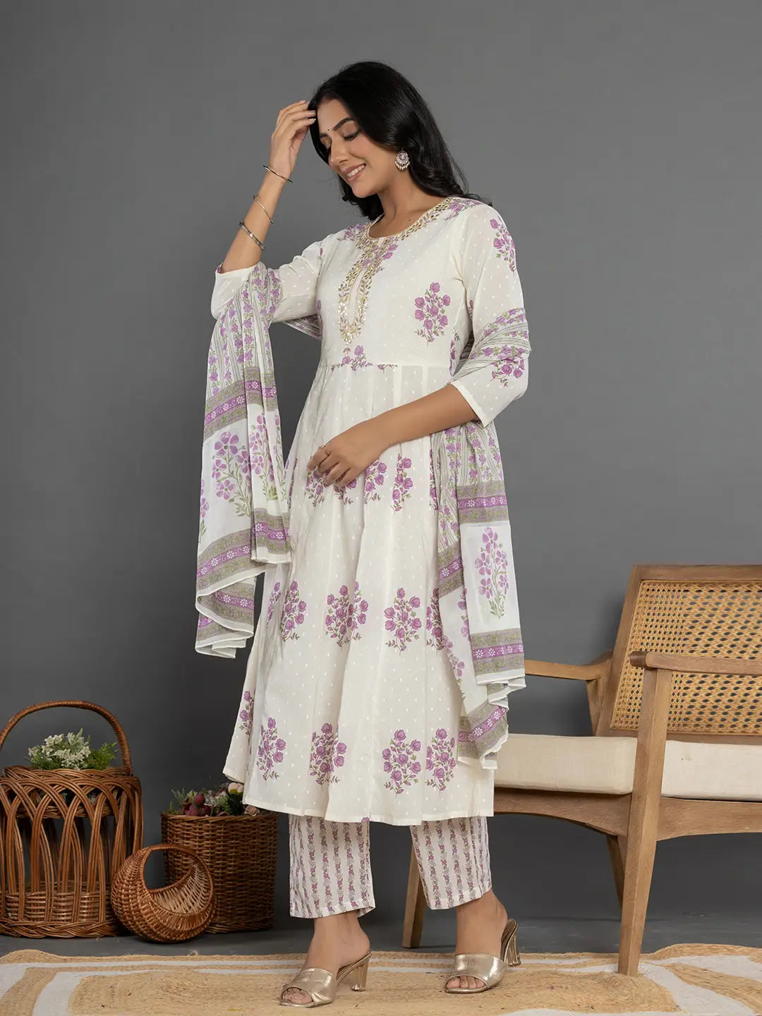 Yufta Purple & White Gota_Patti Cotton Anarkali Kurta Dupatta Pant Set - Distacart