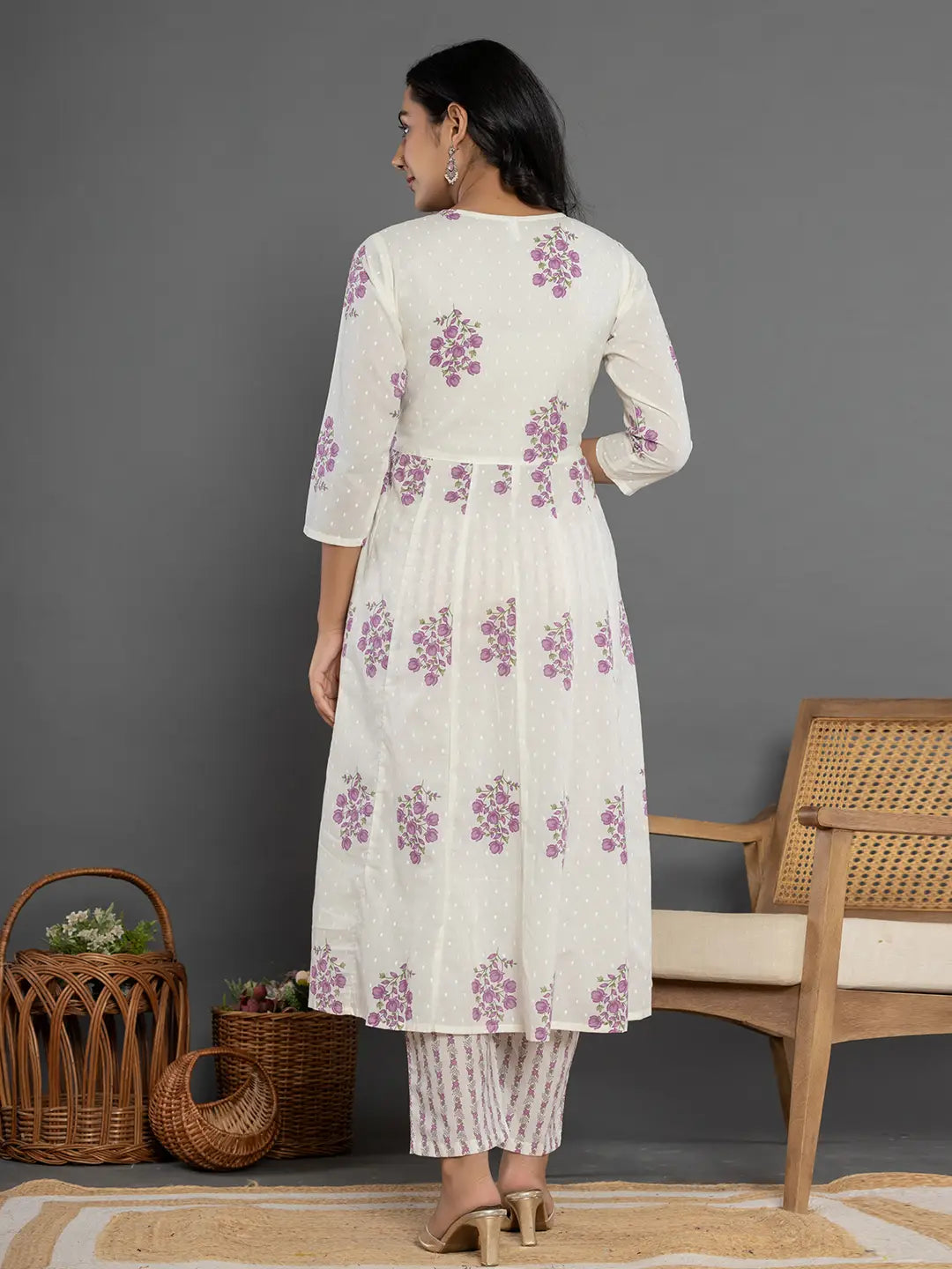 Yufta Purple & White Gota_Patti Cotton Anarkali Kurta Dupatta Pant Set