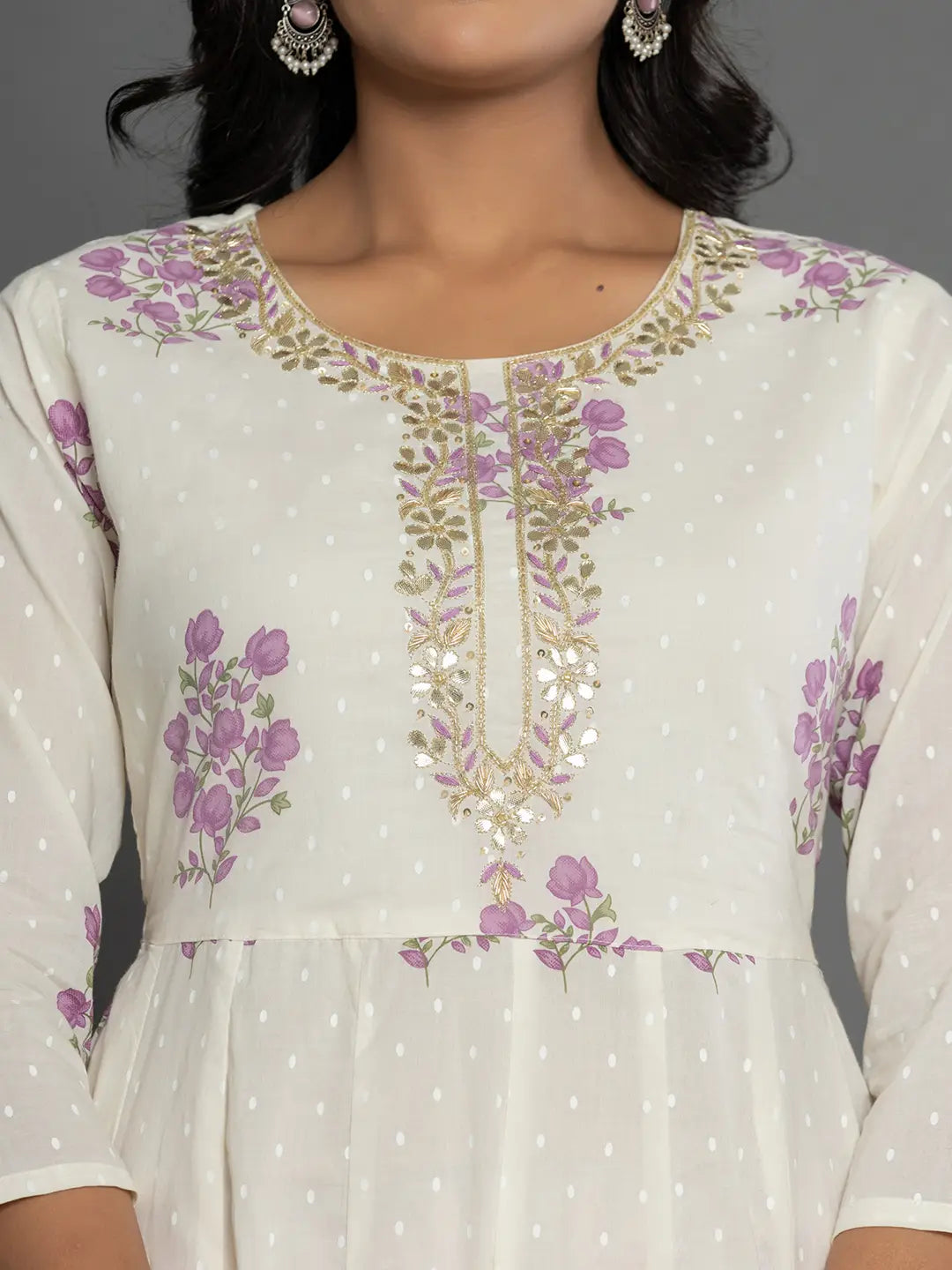 Yufta Purple & White Gota_Patti Cotton Anarkali Kurta Dupatta Pant Set