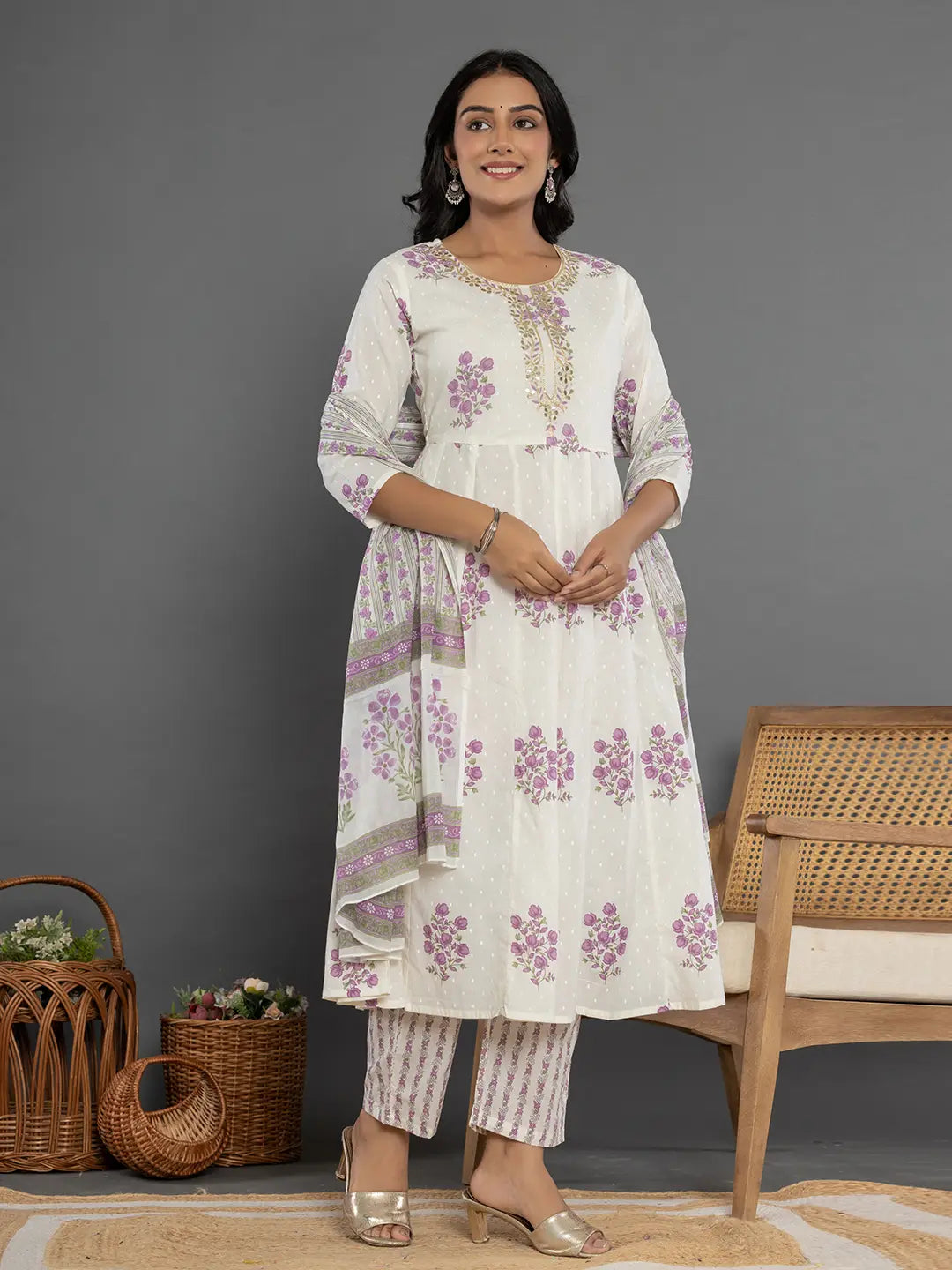 Yufta Purple & White Gota_Patti Cotton Anarkali Kurta Dupatta Pant Set