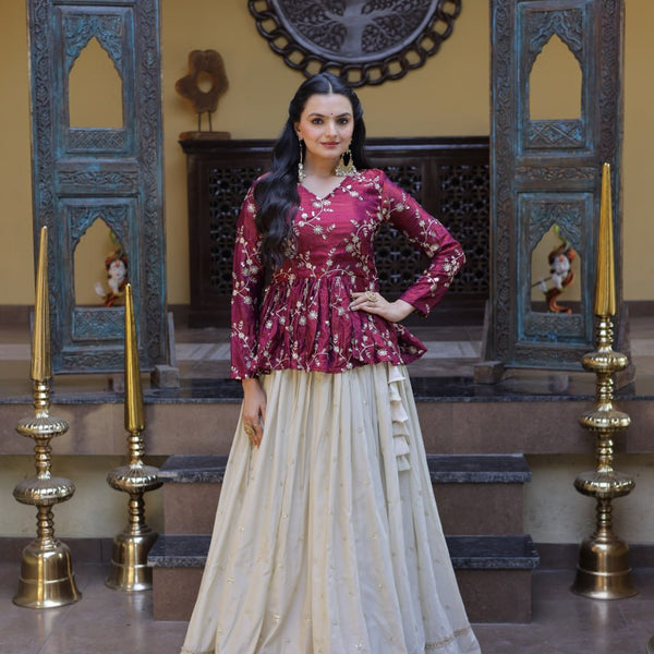 Lorenvalley Fashion Offwhite Cosmos Fabrics with Sequins & Zari Embroidered With Mirror Lace Work Lehenga Choli - Dista