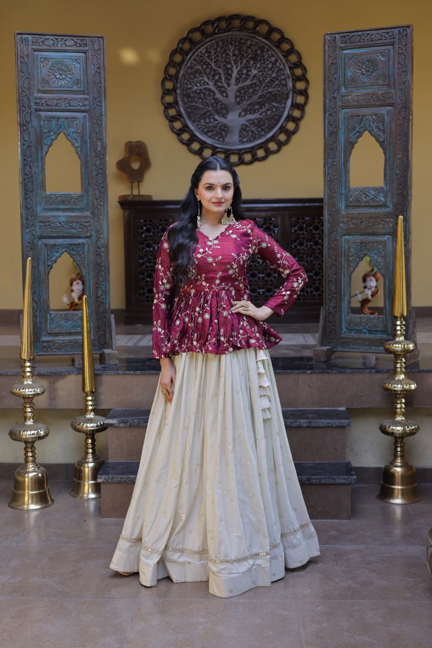 Lorenvalley Fashion Offwhite Cosmos Fabrics with Sequins & Zari Embroidered With Mirror Lace Work Lehenga Choli - Dista