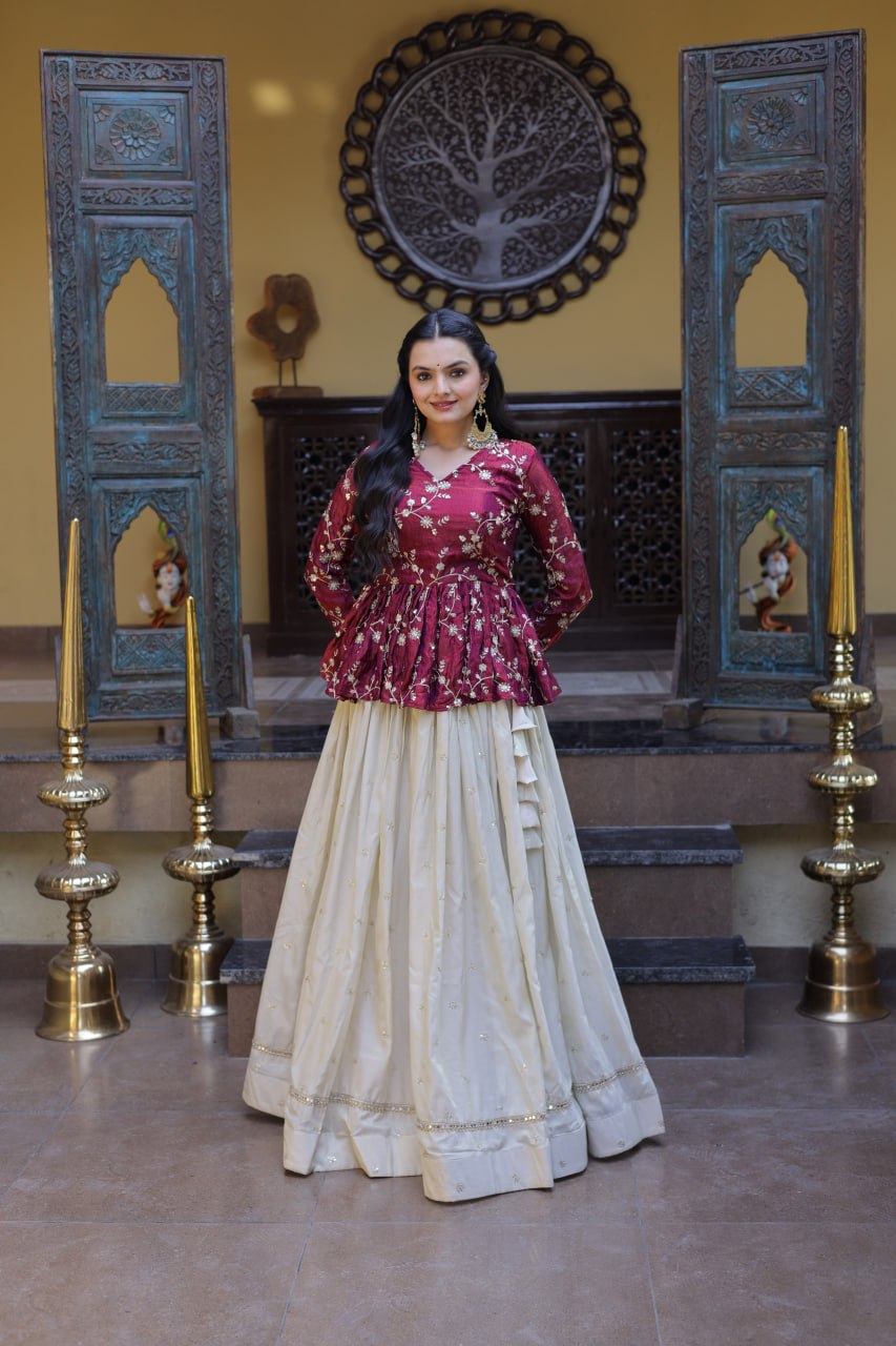 Lorenvalley Fashion Offwhite Cosmos Fabrics with Sequins & Zari Embroidered With Mirror Lace Work Lehenga Choli - Dista