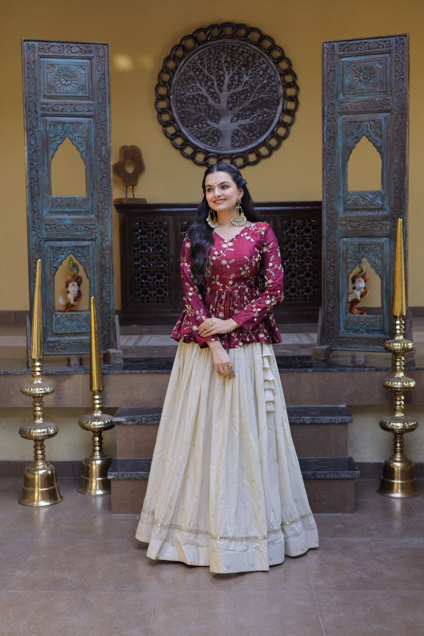 Lorenvalley Fashion Offwhite Cosmos Fabrics with Sequins & Zari Embroidered With Mirror Lace Work Lehenga Choli - Dista