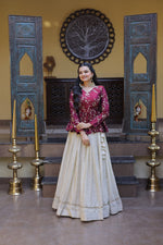 Thumbnail for Lorenvalley Fashion Offwhite Cosmos Fabrics with Sequins & Zari Embroidered With Mirror Lace Work Lehenga Choli - Dista