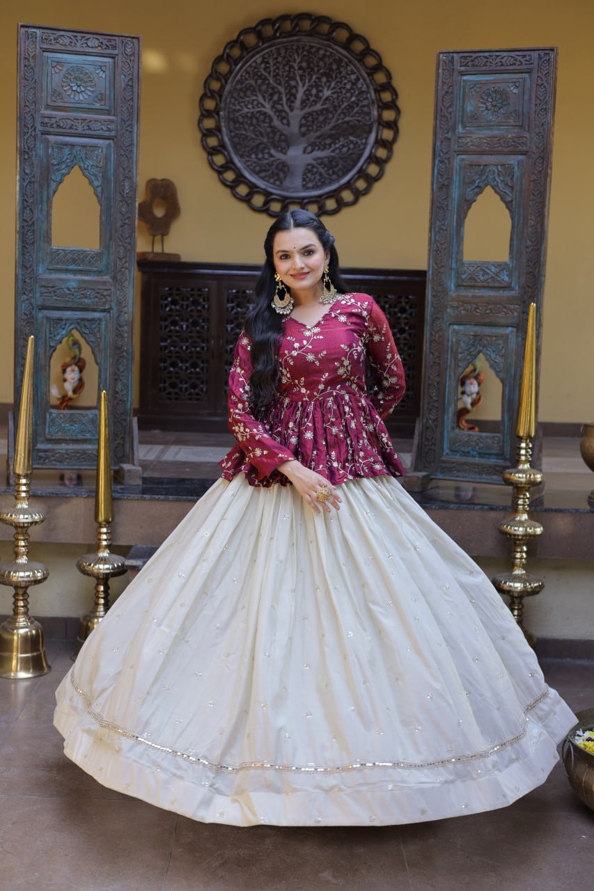 Lorenvalley Fashion Offwhite Cosmos Fabrics with Sequins & Zari Embroidered With Mirror Lace Work Lehenga Choli - Dista