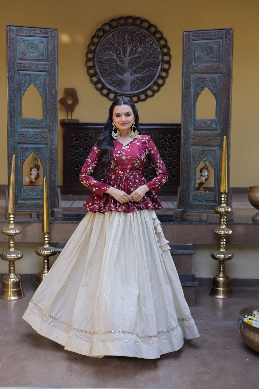Lorenvalley Fashion Offwhite Cosmos Fabrics with Sequins & Zari Embroidered With Mirror Lace Work Lehenga Choli - Dista