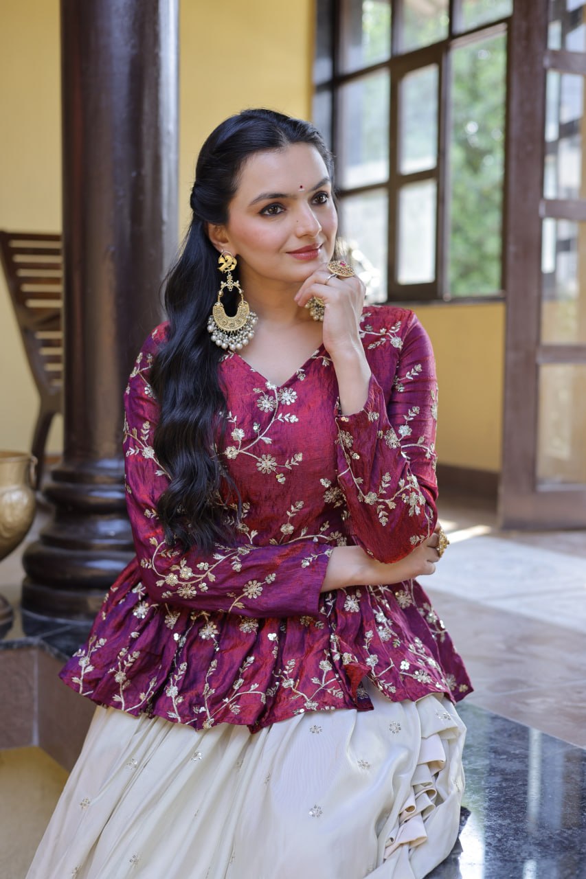 Lorenvalley Fashion Offwhite Cosmos Fabrics with Sequins & Zari Embroidered With Mirror Lace Work Lehenga Choli - Dista
