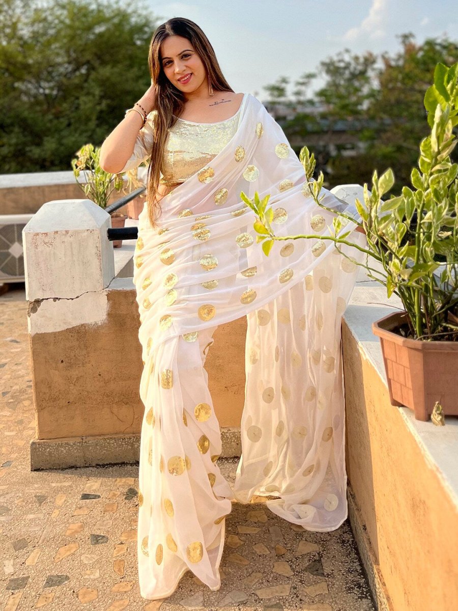 Anouk White & Gold-Toned Embellished Sequinned Pure Georgette Saree - Distacart