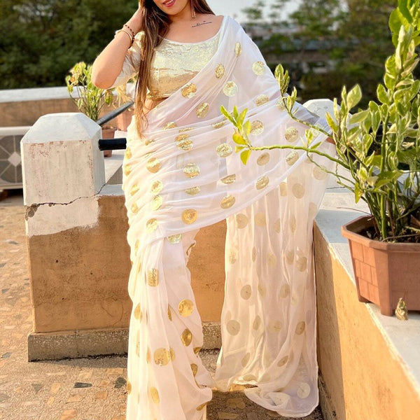 Anouk White & Gold-Toned Embellished Sequinned Pure Georgette Saree - Distacart
