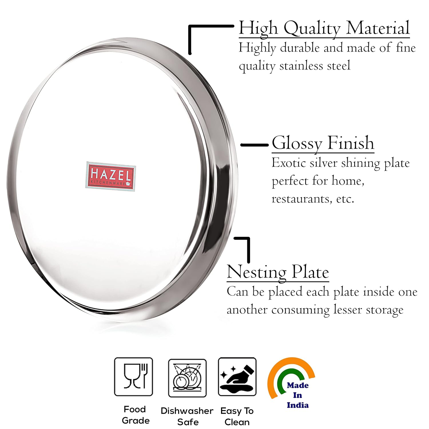 HAZEL Stainless Steel Plates Set|Dinner & Lunch Set of 6, 25.5 cm - Dista