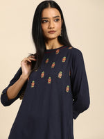 Thumbnail for All About You Women Navy Blue Floral Embroidered Regular Thread Work Kurta with Trousers - Distacart