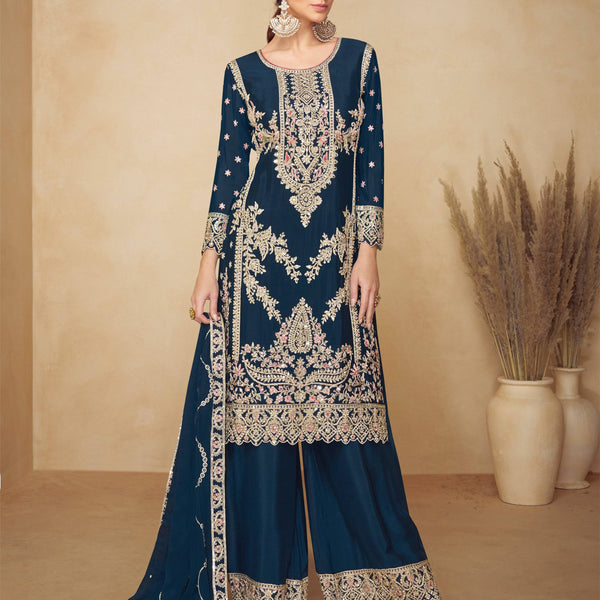 Anaita Teal Chinon Plazzo Suit With Codding Dori & Sequence Work - Distacart