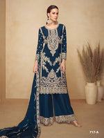 Thumbnail for Anaita Teal Chinon Plazzo Suit With Codding Dori & Sequence Work - Distacart