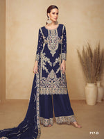 Thumbnail for Anaita Navy Blue Chiffon Palazzo Suit With Coding Dori & Sequence Work - Distacart
