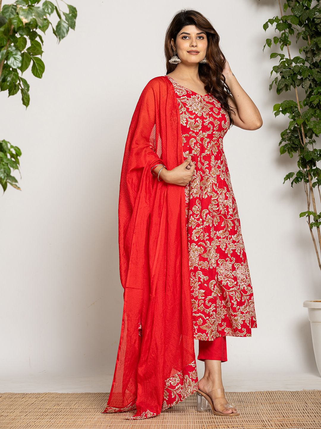 Yufta Cotton Red Anarkali Kurta Dupatta Set - Distacart