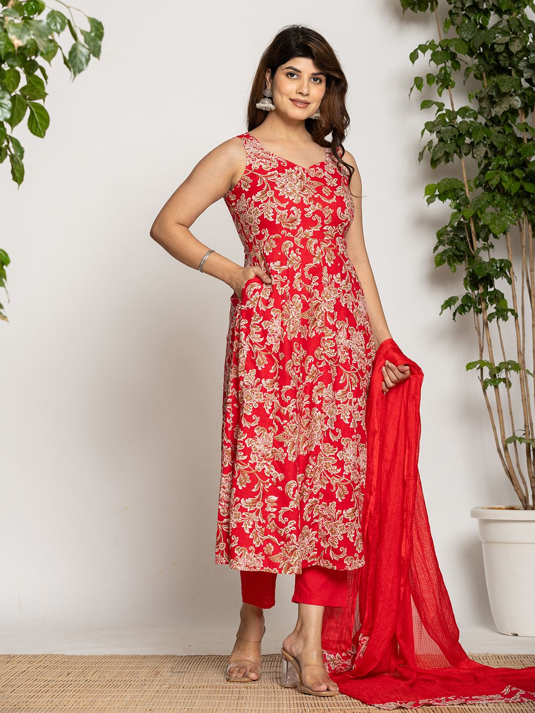 Yufta Cotton Red Anarkali Kurta Dupatta Set - Distacart
