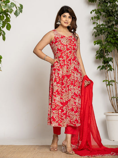 Yufta Cotton Red Anarkali Kurta Dupatta Set - Distacart
