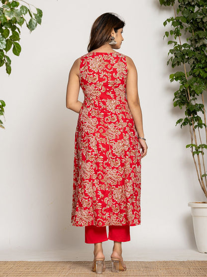 Yufta Cotton Red Anarkali Kurta Dupatta Set - Distacart