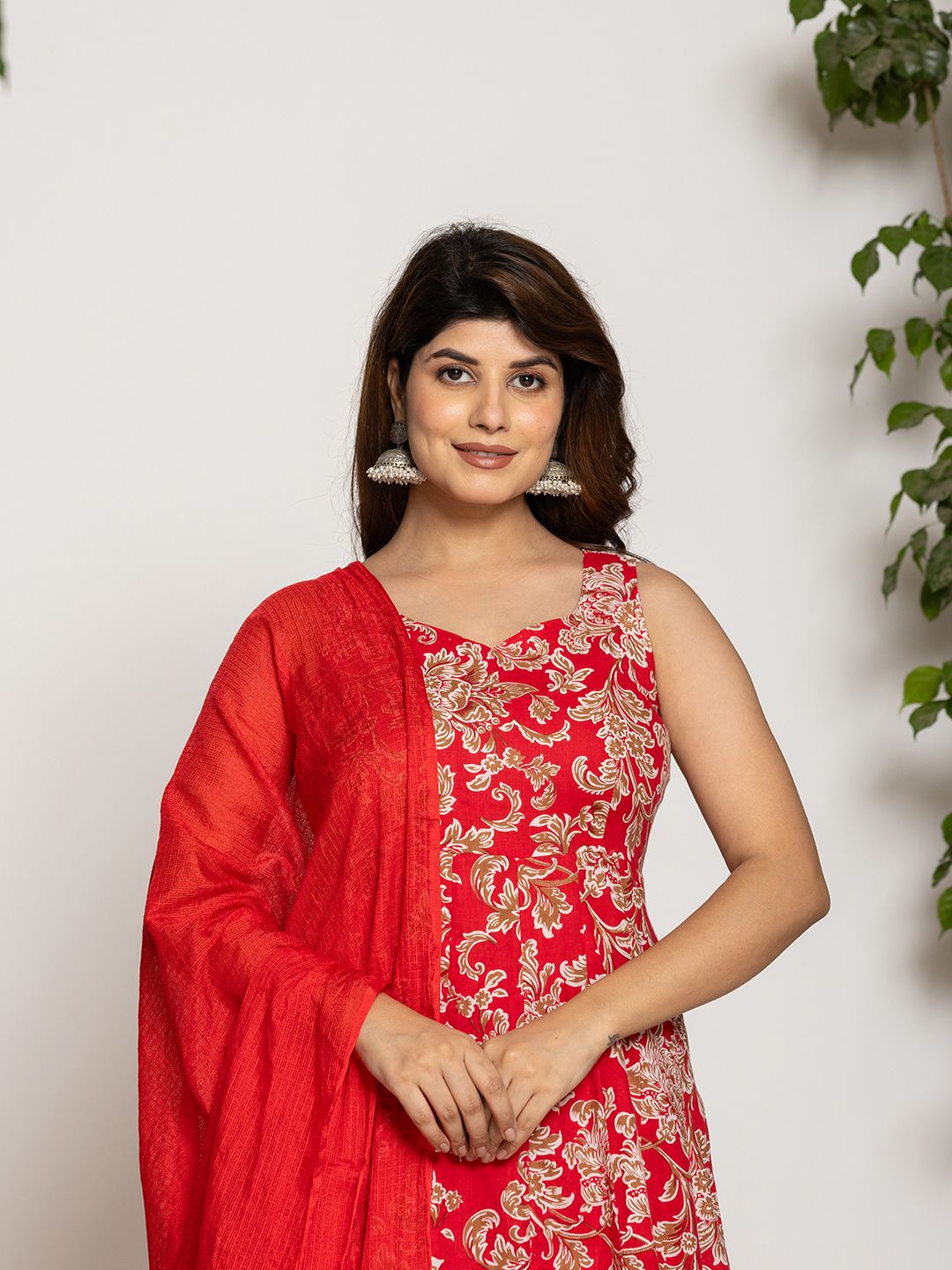 Yufta Cotton Red Anarkali Kurta Dupatta Set - Distacart