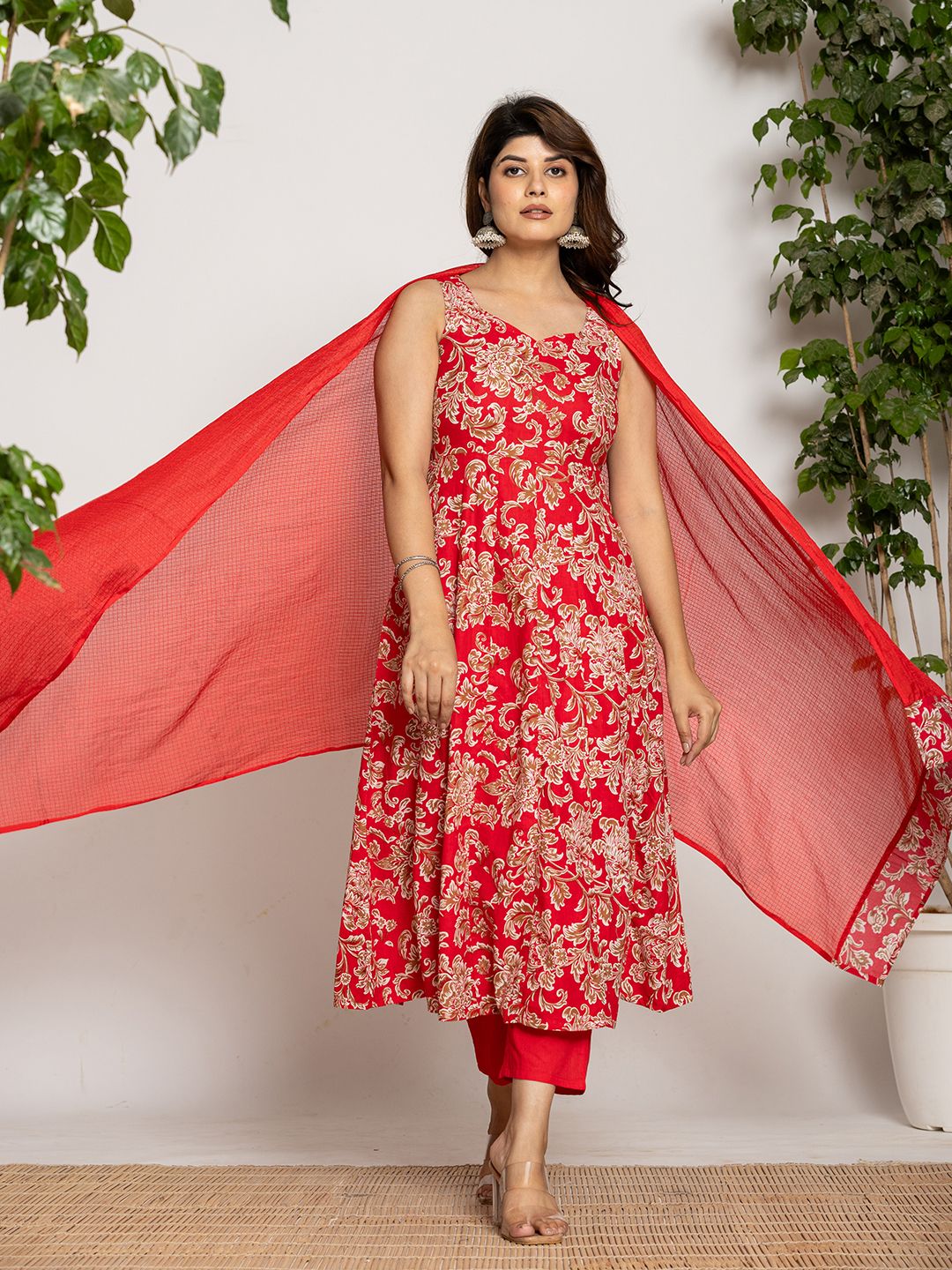 Yufta Cotton Red Anarkali Kurta Dupatta Set - Distacart