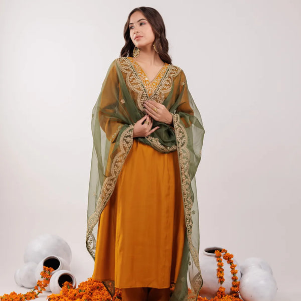 Yufta Mustard Silk Embroidered Kurta Dupatta Set - Distacart