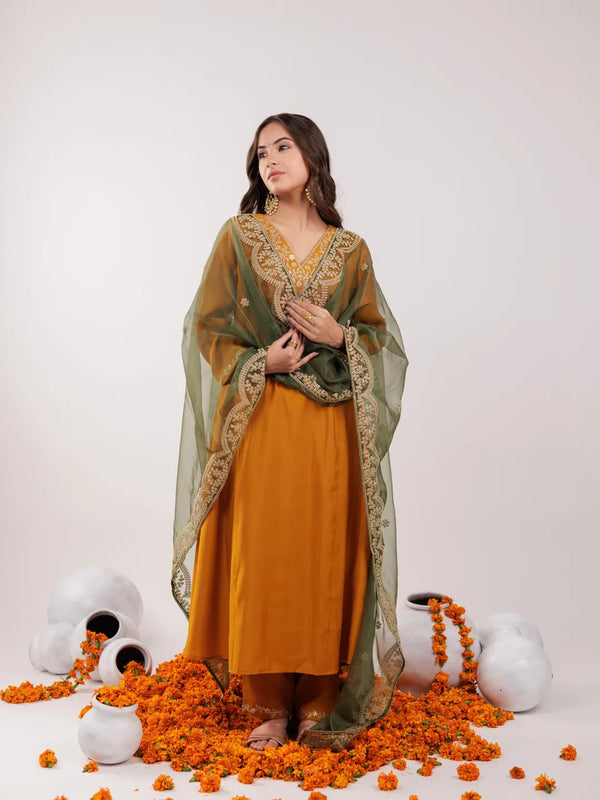 Yufta Mustard Silk Embroidered Kurta Dupatta Set