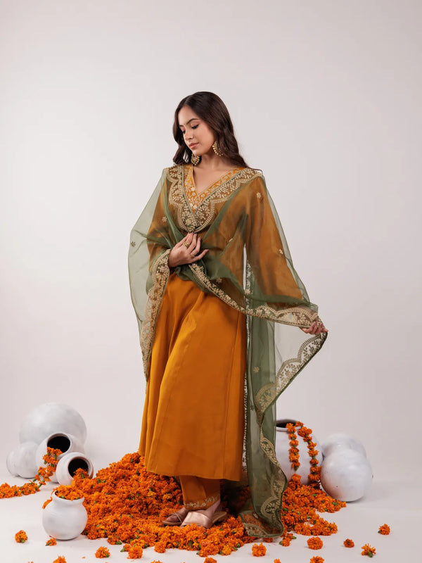 Yufta Mustard Silk Embroidered Kurta Dupatta Set