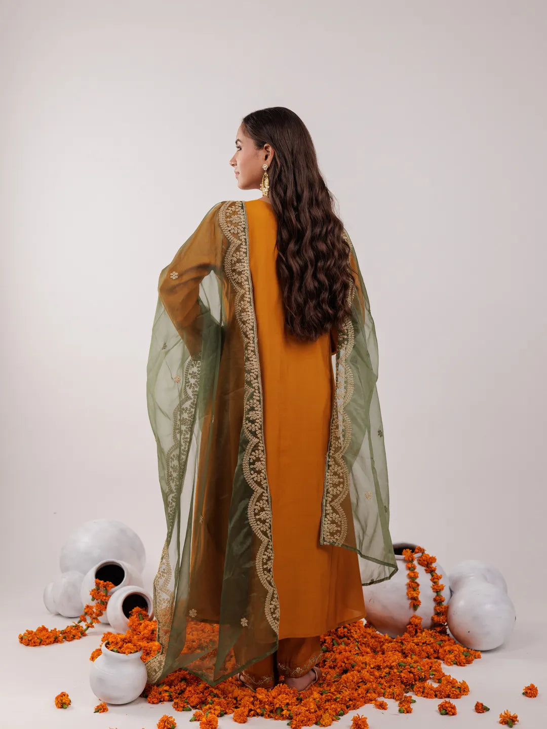 Yufta Mustard Silk Embroidered Kurta Dupatta Set