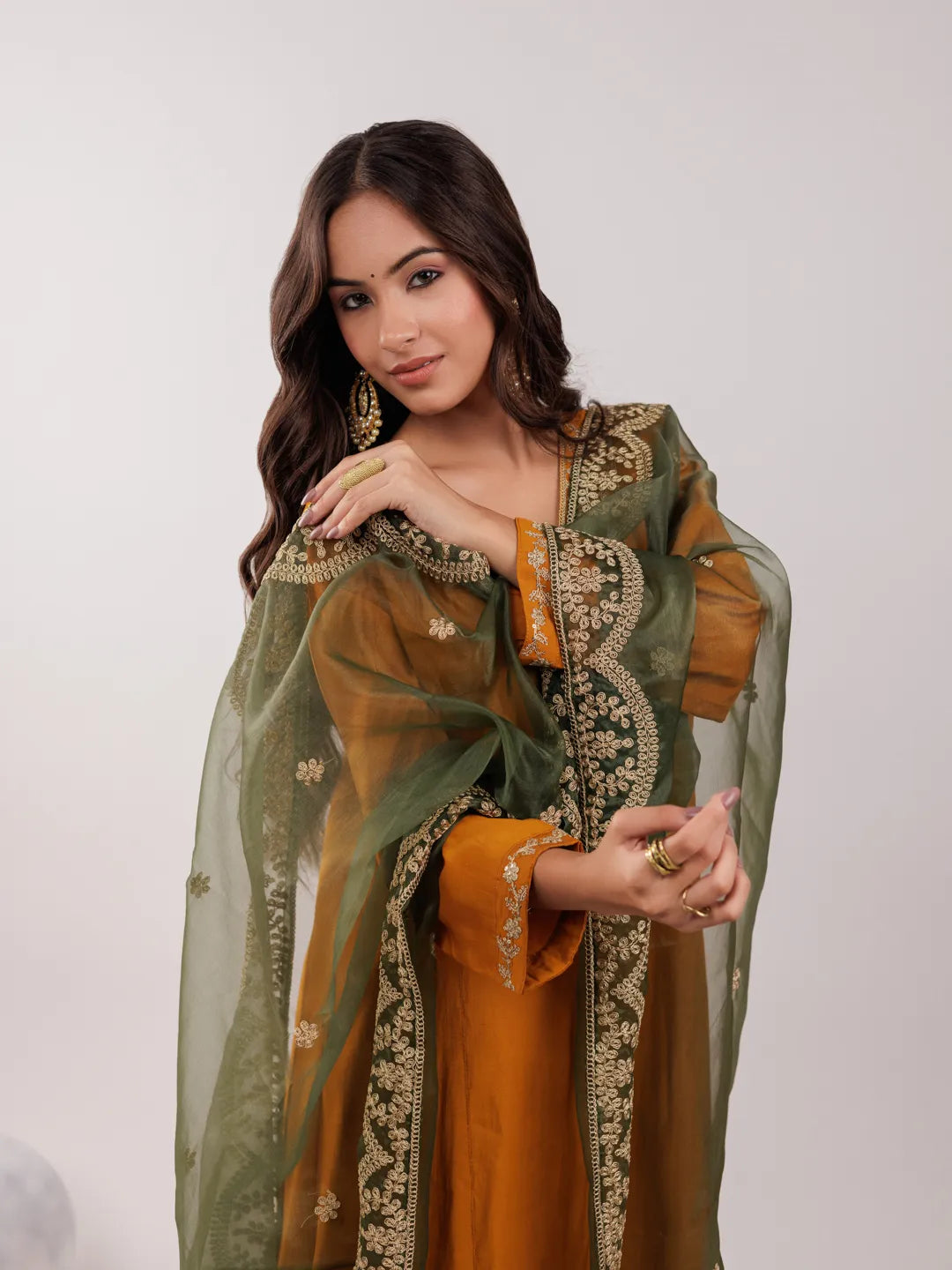 Yufta Mustard Silk Embroidered Kurta Dupatta Set