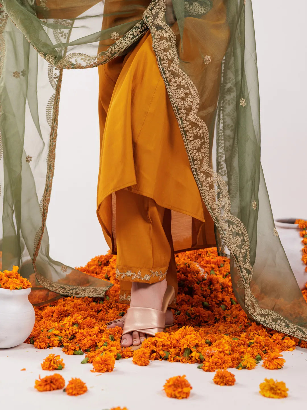 Yufta Mustard Silk Embroidered Kurta Dupatta Set