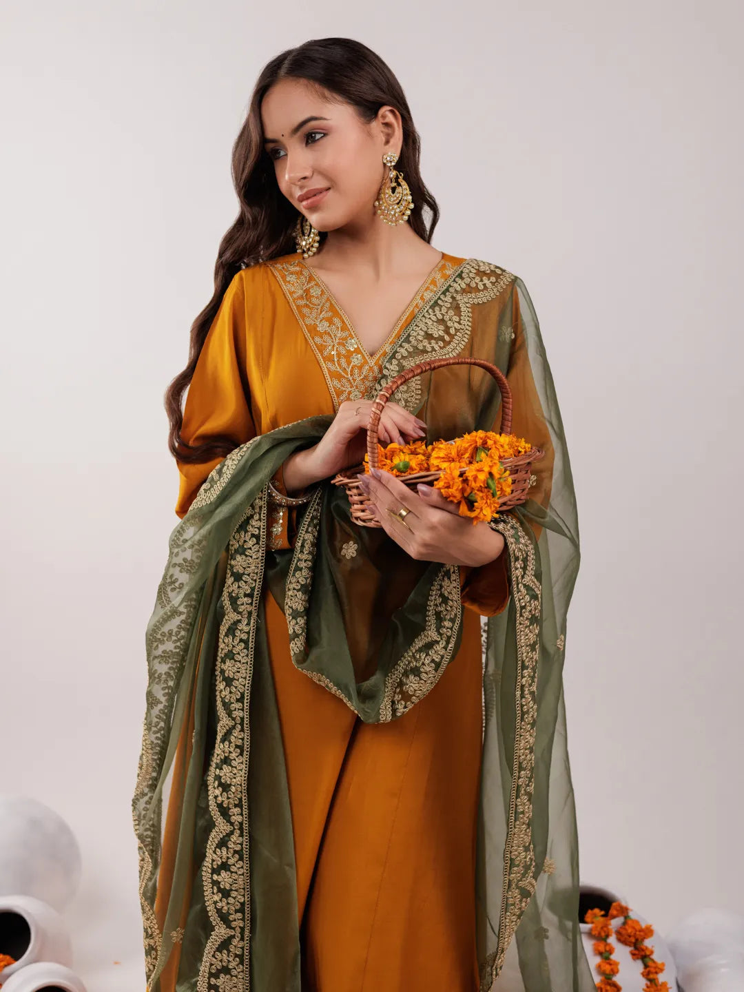 Yufta Mustard Silk Embroidered Kurta Dupatta Set