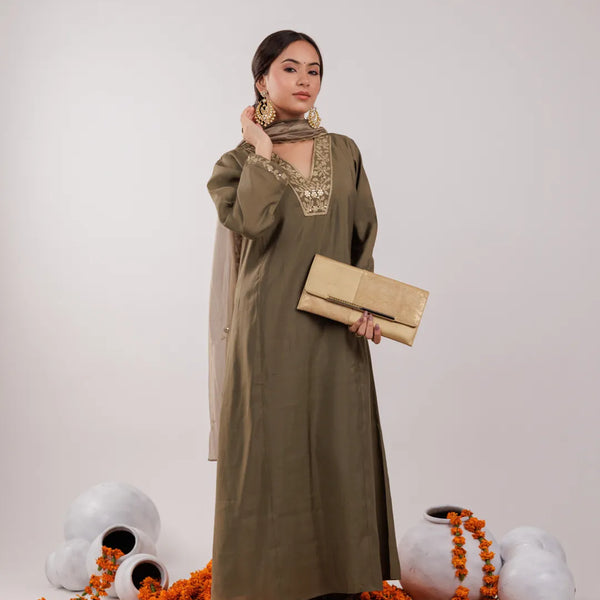 Yufta Olive Green Silk Embroidered Kurta Dupatta Set - Distacart