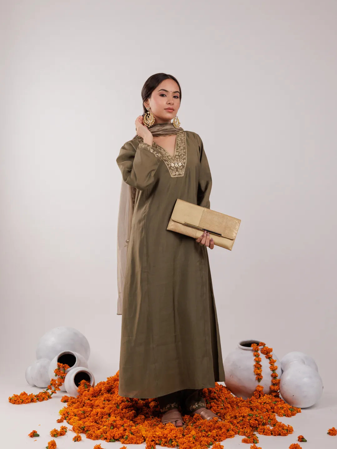 Yufta Olive Green Silk Embroidered Kurta Dupatta Set - Distacart