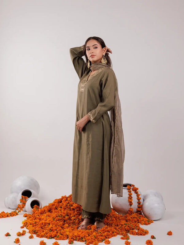Yufta Olive Green Silk Embroidered Kurta Dupatta Set