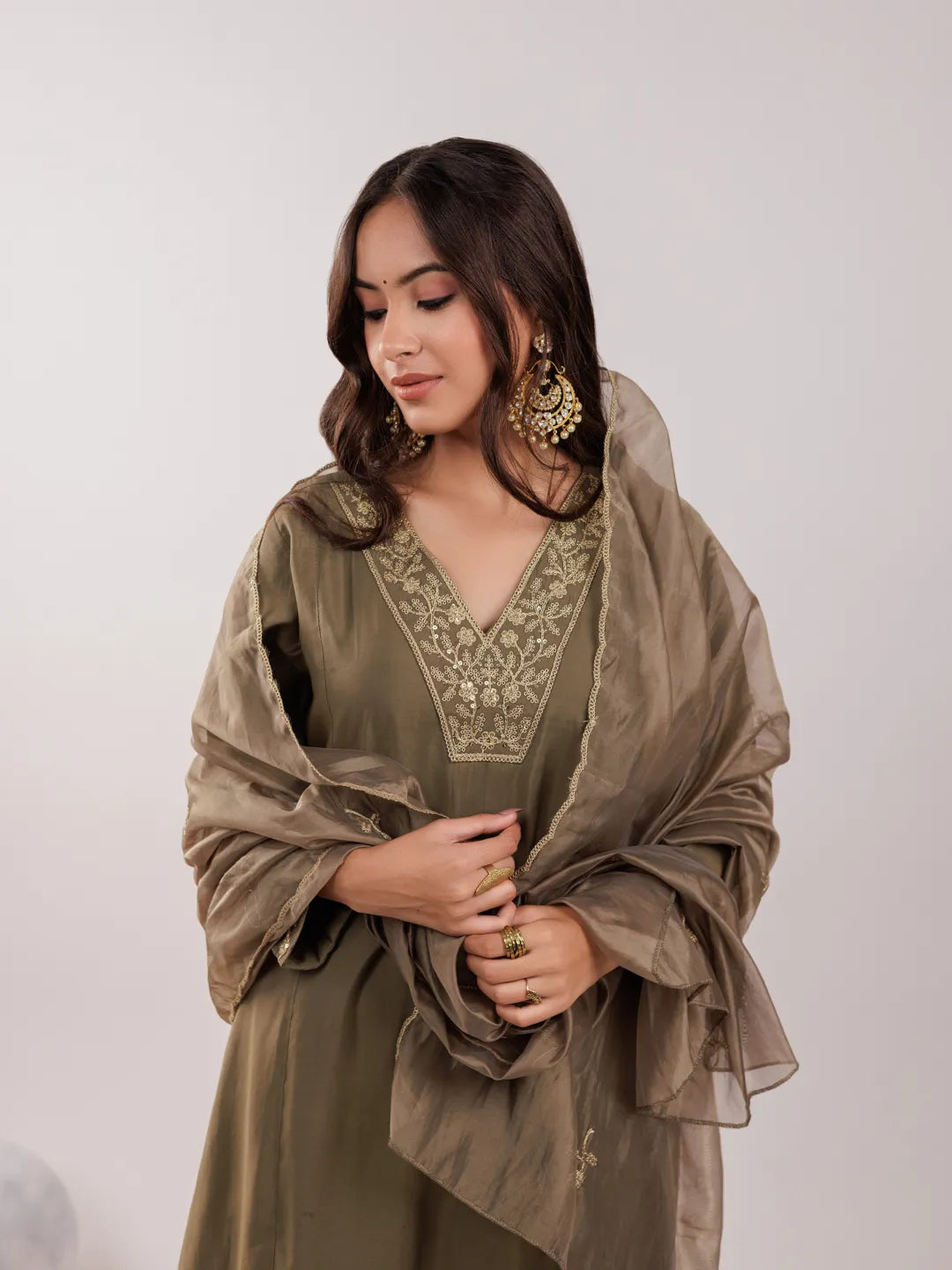 Yufta Olive Green Silk Embroidered Kurta Dupatta Set