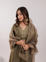 Thumbnail for Yufta Olive Green Silk Embroidered Kurta Dupatta Set