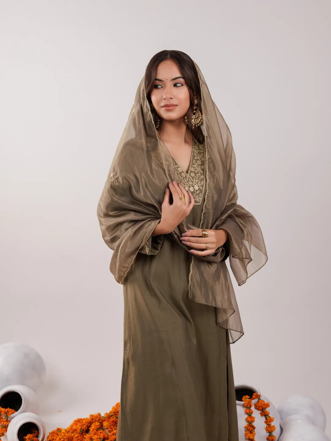 Yufta Olive Green Silk Embroidered Kurta Dupatta Set