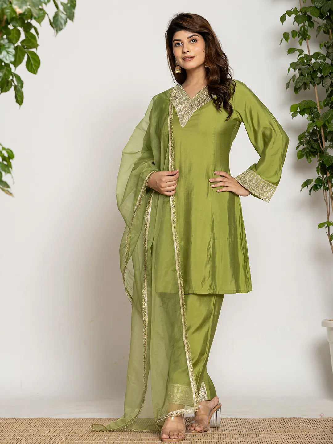 Yufta Green Silk Suit Set - Distacart