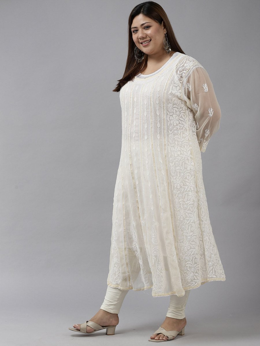 ADA Women Beige Ethnic Motifs Plus Size Chikankari Georgette Anarkali Kurta - Distacart