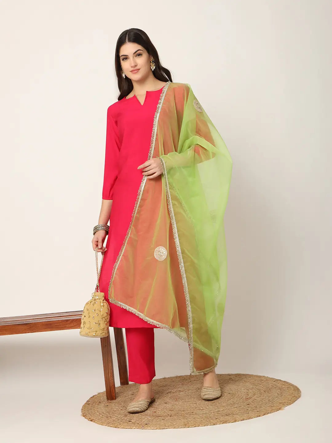 Yufta Pink Straight Solid Kurta Dupatta Set