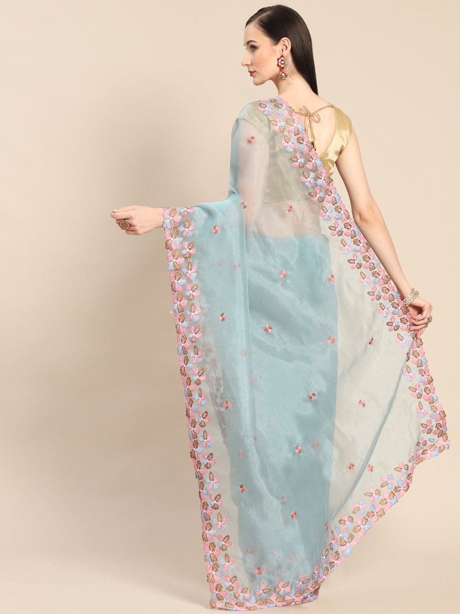 Anouk Blue & Pink Floral Organza Saree - Distacart