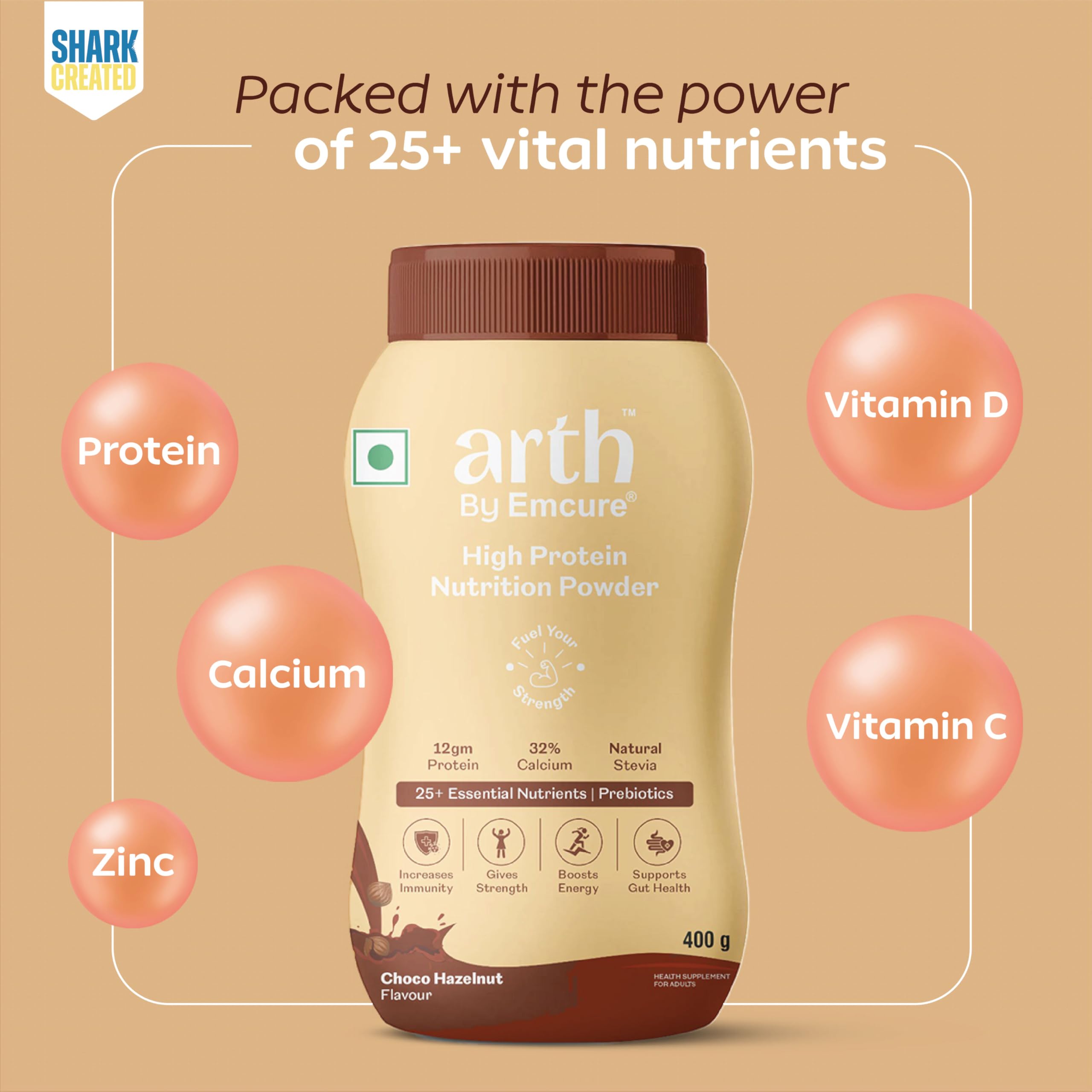 Arth High Protein Nutrition Powder | 12g Protein per Serving | 25+ Essential Nutrients with Prebiotic | No Added Sugar | Supports Energy, Strength & Immunity | 400gm (Choco hazelnut Flavour)