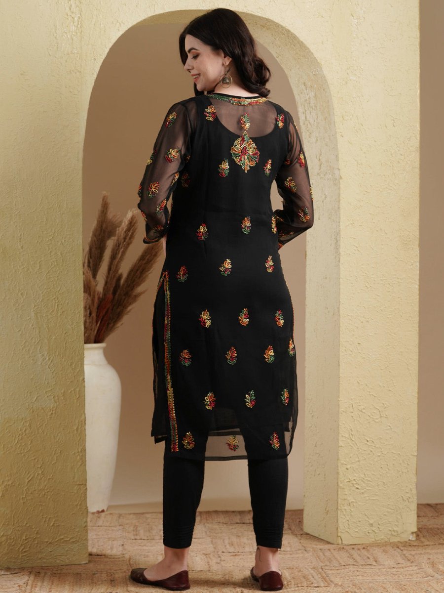 ADA Women Black Embroidered Regular Chikankari Kurta with Trousers - Distacart