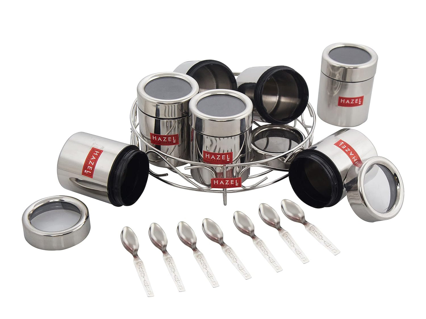 HAZEL Stainless Steel Masala Container|Masala Boxes for Kitchen with 7 Spoons(Set of 7) - Dista